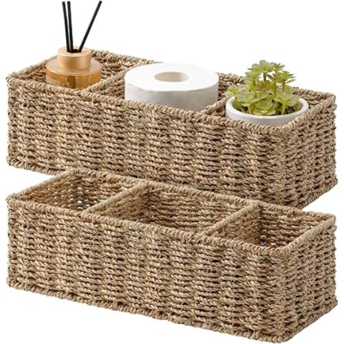 StorageWorks Wicker Toilet Basket Tank Topper, Toilet Paper Basket for Back of Toilet Tank Top, 3-Section Seagrass Storage Baskets for Shelves, 2-Pack