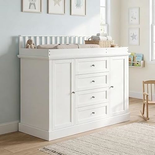 Nursery Dresser with Changing Table Top, 47.2" W Baby Dresser with 4 Drawers & Raised Guard, Infant Diaper Changing Storage Organize Station for Nursery and Baby Bedroom, White