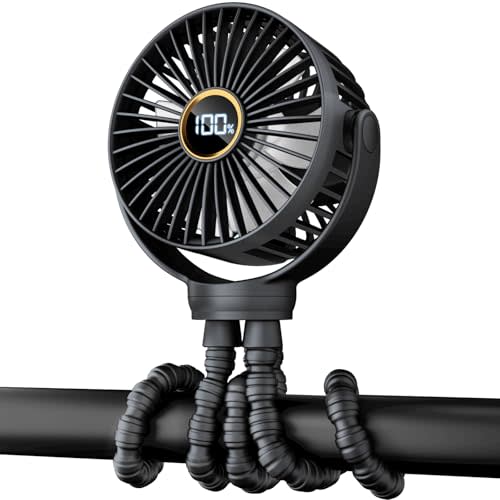 Portable Stroller Mini Fan, Small Rechargeable Personal Fan, Baby Travel Essentials for Wagon, Car Seat, Treadmill, Battery Powered Biking Gear Accessories, 360° Rotation, 3-Speed, Display, Black