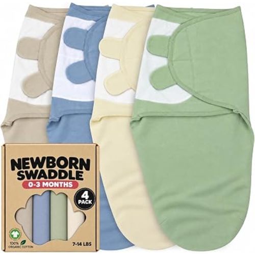 Newborn Swaddle Blanket 4-Pack, S/M 0-3 Months, GOTS Certified Organic Cotton, Adjustable Hook-and-Loop Wrap, Soft Breathable Sleep Sack, Reduces Startle Reflex for Boys & Girls