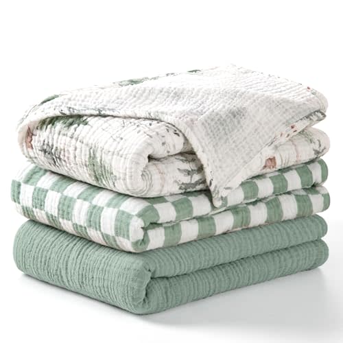 lulumoon Muslin Swaddle Blankets for Baby: Lightweight & Breathable Receiving Blankets for Hospital - Neutral Registry Gift for Newborn 3pack (Sage Foreststump)