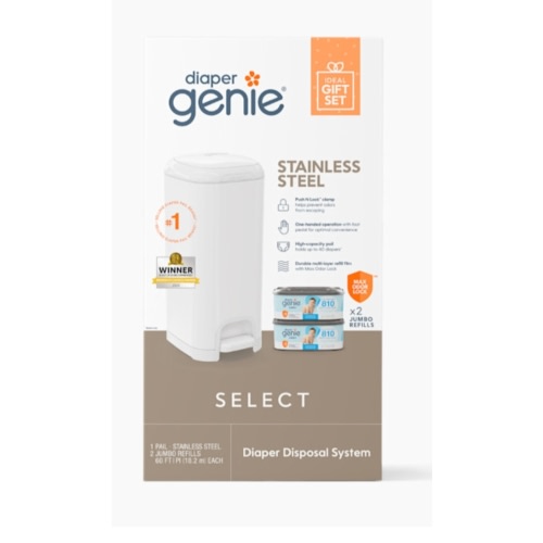 Diaper Genie Select Pail Registry Gift Set (White) | Made of Durable Stainless Steel Metal | Includes 2 Jumbo Refills | Holds 1620 Newborn Diapers