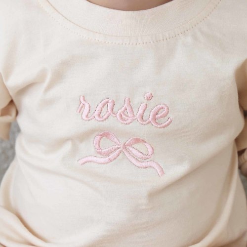 Personalized Bow Long Sleeve Bubble Romper | Natural