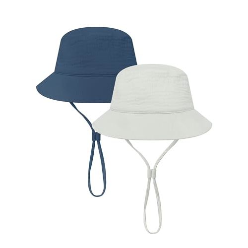 Cooraby 2 Pack Muslin Baby Sun Hat Bucket Hats with Wide Brim Adjustable Beach Hat for Boys Girls