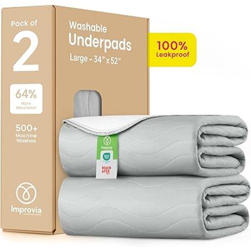 IMPROVIA® Washable Underpads 34" x 52" Pack of 2 Heavy Absorbency Reusable Bedwetting Incontinence Pads for Adults, Kids, & Pets - Waterproof Protective Pad for Bed, Couch, Sofa, Floor (Gray & White)