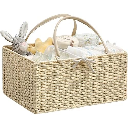 Angelhood Large Paper Rope Diaper Caddy, Baby Essentials Organizer, Portable Baby Shower Baskets Gift Bin, Car Storage Bag for Nursery