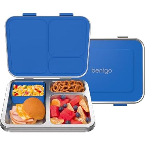 Bentgo Kids Stainless Steel Leak-Resistant Lunch Box - 3-Compartments with Bonus Silicone Container, Durable, Eco-Friendly, Dishwasher Safe, BPA-Free, Ideal for School, Ages 3+ (Blue)