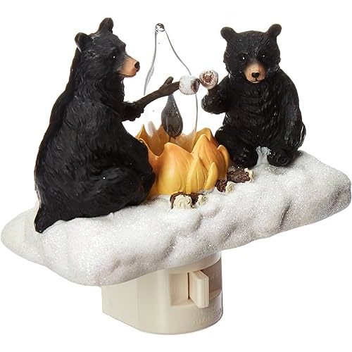 Roman Lights Exclusive Plug in Night Light, Features 2 Bears Roasting Marsh Mellows Around a Flickering Flame Camp Fire, 4.5-Inch