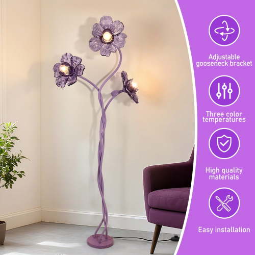 Vintage Flower Floor Lamp for Girls' Bedroom, Cute 3 Heads Floor Reading Light with Flexible Gooseneck, 3 Colors Crabapple Flower Modern Corner Standing Lamp for Living Room Office Home Decor (Purple