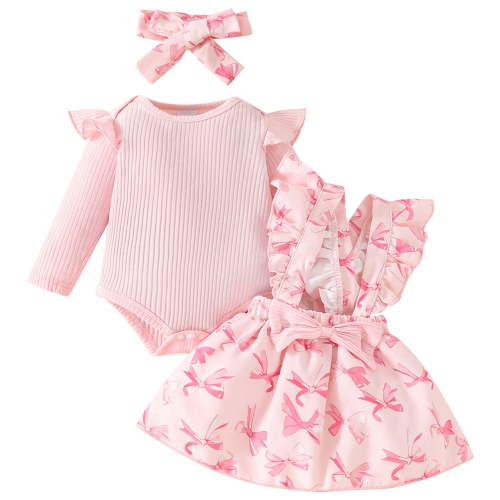 IWEMEK Newborn Baby Girl Clothes Ruffle Long Sleeve Romper Pink Bowknot Skirt 3 Pieces Fall Outfits Set Size 0-3M