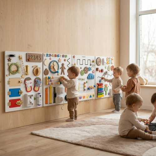 Montessori Busy Board Set, Large Toddler Activity Wall Board with Five Soft Panels for Churches, Schools, Daycare, Gift for Boys and Girls