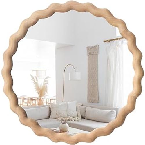 Irregular Wall Mirror,Wood Round Farmhouse Mirror Unique Vanity Mirror,24" Nature Wooden Modern Bathroom Mirror for Washroom Living Room Bedroom