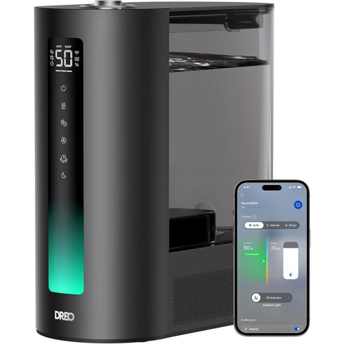 DREO 6L Smart Humidifiers for Bedroom, Warm & Cool Mist for Large Room | 60-Hour Quiet Runtime, 500ML/H Output, Smart Humidity Sensor, Indicator Light, App Control, Works with Alexa & Google, Black