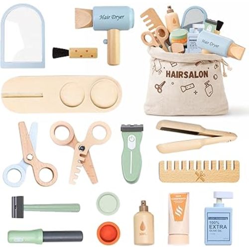 Wooden Makeup Toy Set with Storage Bag, 15PCS Hair Salon Toys for Girls, Wooden Hair Salon Play Set with Mirror & Hair Dryer, Pretend Makeup for Toddlers 3-5, Play Hair Styling Set Birthday Gift