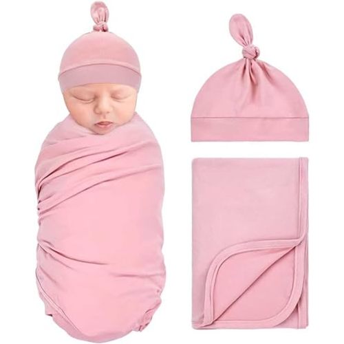 Dizila 2pcs Soft Stretchy Nursery Baby Girl Boy Newborn Receiving Swaddle Blanket with Matching Turban Hat Beanie (Pink)