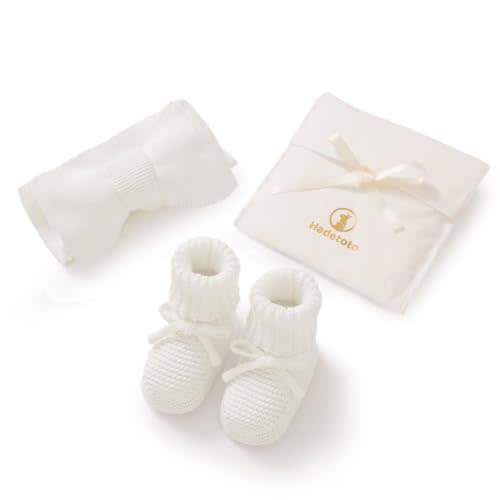 Hadetoto Baby Headband and Booties Set, 100% Organic Cotton | Newborn Gift Set, First Cozy Shoes, Warm Knit, Soft Sock, Infant Boy Girl