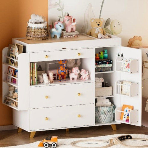 Latitude Run® White Changing Table With Wide Top And 3 Drawers, - Crafted For Strength, 54" Vanity 12 Drawer Cabinet, Brightness Adjustable Open Shelves Bedroom Decor Modern Dresser Drawers Top, Easy Assembled | Wayfair