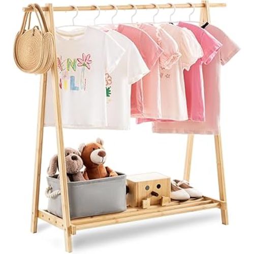 Kids Clothing Rack with Storage Shelf, Kids Dress Up Rack, Dance Costume Garment Rack for Hanging Clothes,Garment Rack for Hanging Clothes Organizer, Bamboo (Natural)