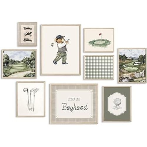 Vintage Sports Nursery Wall Art Decor Teddy Bear Golf Prints Baby Toddler Boy Room Canvas Wall Decor Bear Nursery Pictures Sport Animal Pictures Vintage Golf Artwork for Bedroom 8x10x9 Inch Framed
