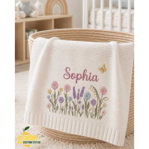 Custom Wildflower Embroidered Baby Cotton Blanket, Goose Floral Baby Shower Announcement, Mushroom Flowers Blanket, Gift For Newborn