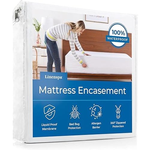 Linenspa Zippered Mattress Encasement | King Size Waterproof Mattress Protector | Bed Bug Proof & Quiet Cover | Dorm Room Essentials, White