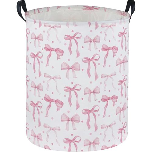 Girls Laundry Basket Pink Hamper for Nursery Bowkont Hamper Cute Kids Storage Bin Organizer Room Decor for Home(Pink bowkont)