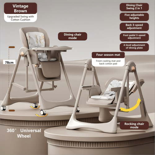 Luxurious 4 in 1 Baby High Chair,Convertible Baby Swing for Babies and Toddlers,Adjustable Heights Dining Booster for Eating, Tray, Foot Rest and Wheels,Khaki