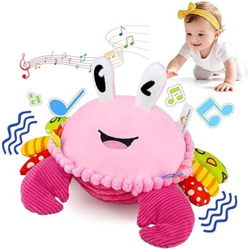 Baby Toys 6-12-18 Months, Pink Crawling Crab Tummy Time Toy, Rechargeable Musical Plush Toy with 50 Songs & Voice Recorder, Dancing Bouncing Interactive Baby Girl Sensory Toddler Toys 1 Year Old Gift