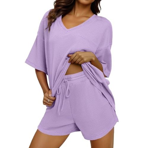 Dokotoo Women's 2 Piece Loungewear Sets Casual Short Sleeve Womens Tops Drawstring Shorts Pants Waffle Knit Sets