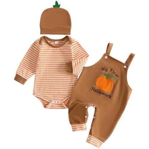 BeQeuewll My First Halloween Baby Boy Outfit Infant Stripe Romper Boo Pumpkin Embroidery Overalls Pants Set Newborn Outfits
