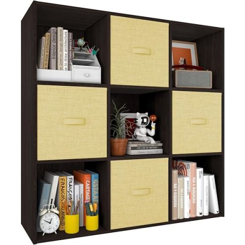 PrimeZone 9 Cube Storage Organizer, Stackable Wood Cubby Bookshelf Espresso