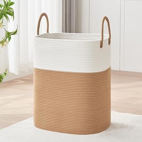 Laundry Basket with Handles - Blanket Basket & Hampers for Bedroom Aesthetic, Laundry Hamper & Blanket Storage for Living Room, Clothes Hamper, Tall, Large 17" x 14" x 22”, White & Jute