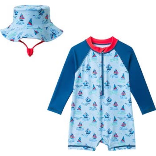 Long Sleeve One-Piece Swimsuit & Sun Hat, 3-6M