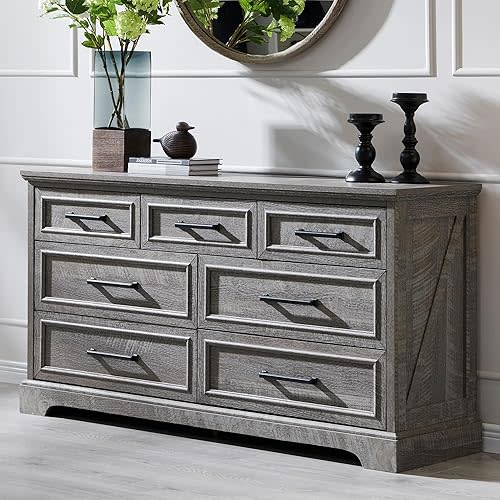 7 Drawer Dresser, Farmhouse Chest of Drawers for Bedroom, 52" Wide Kids Dresser TV Stand with Large Metal Handles, Wood Drawer Organizer for Living Room, Hallway - Grey
