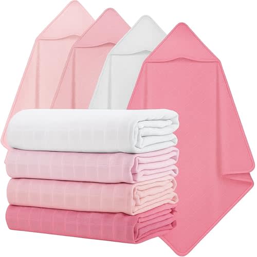 Preboun 4 Pcs Muslin Hooded Baby Towels,32"x 32" Cotton Newborn Bath Towel Muslin Infant Baby Blankets Absorbent Unisex Newborn Registry Gift for Girls Boys(Pink Series)