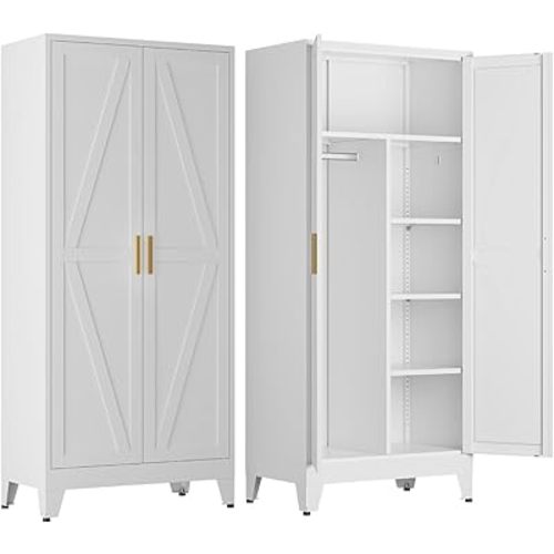 COFaR Metal Wardrobe Closet with Doors, 71'' Tall Steel Bedroom Armoire with Adjustable Hanging Rod and Shelves, Broom Closet Storage Cabinet for Garage Laundry Office, Farmhouse White