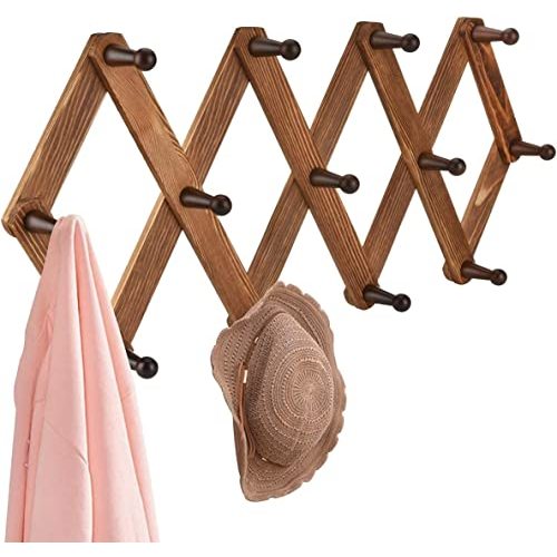 Homode Vintage Wood Expandable Peg Rack- Multi-Purpose Accordion Wall Hangers with 13 Hooks for Hats, Coat, Mugs, Scarf, Jewelry Storage