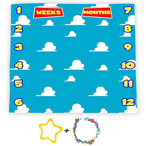 Blue Sky White Clouds Baby Monthly Milestone Blanket, Soft Flannel, 40x40in | Cartoon Nursery Swaddling Blankets for Newborn, Baby Shower Age Growth Tracker with Bonus Maker, Photo Props, Newmom Gifts
