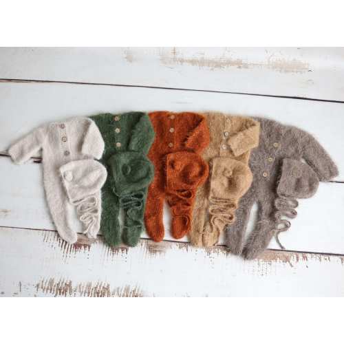 Mushroom color - Newborn Photography Fuzzy Knit Baby Footed Romper Pajama and Bear Bonnet Sets