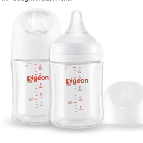 Pigeon Glass Nursing Bottle Wide Neck, Anti-Colic, Streamlined Body, Natural Feel, Easy to Clean, Heat-Resistant, 5.4 Oz(Pack of 2), Includes 2pcs SS Nipples (0m+)