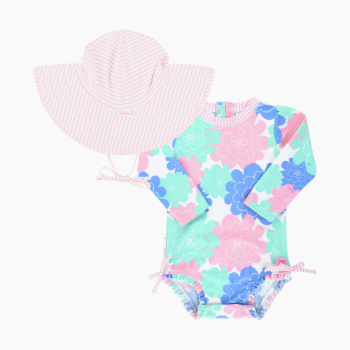 Rufflebutts One Piece Rash Guard & Hat Set - Pastel Multi Color, 6-12M