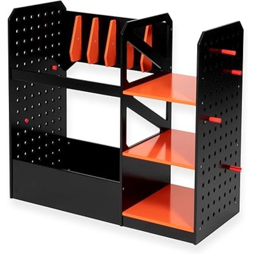 Play Platoon Storage Rack for Nerf Gun Storage & Nerf Accessories, Sturdy Wood Construction, Dart Holder & 6 Toy Gun Holder for Wall with Pegboard Wall Organizer - Includes 20 Pegs