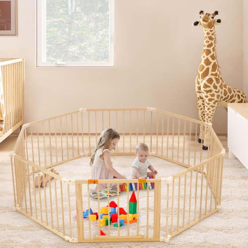 Wooden Baby Playpen Extra Large, 74”×74” Foldable Play Fence for Babies and Toddlers,Safety Play Yard with Locking Gate, Changeable & Expandable Kids Activity Center (8 Panel)