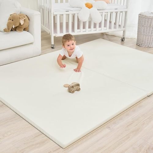 Yumiio Large Vegan Leather Baby Play Mat for Floor,1.3"Thick Foam 59x82 Foldable Waterproof Kids Play Mat,Stylish and Just Wipe-Clean Playmat for Baby Play on Floor (Beige)