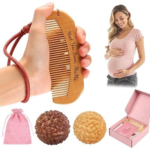 Labor Comb & 2 Massage Balls Set in an Elegant Box, Wooden Birth Comb Natural Labor and Delivery Essentials for Expectant Moms