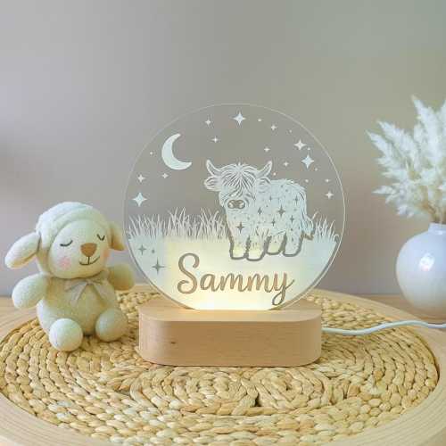 Personalized Highland Cow Night Light: Custom Nursery Decor LED Lamp