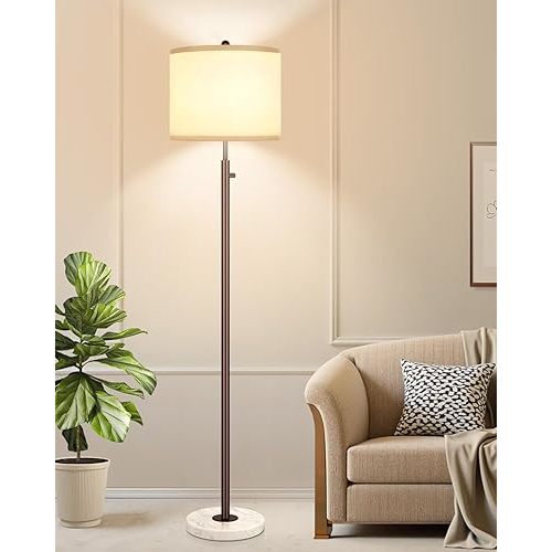 Nintiue 【Upgraded】 Dimmable Floor Lamp for Living Room, 11W LED Bulb Included, Modern Standing Lamp with Marble Base, Tall Pole Light with Linen Shade for Bedroom Reading Office Corner Nursery-Brown
