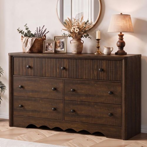 Fluted 7 Dresser for Bedroom, Modern 54in Wide 7 Chest of Drawers with Elegant Wave Edge, Wooden Closet Orgainzer for Living Room Nursery, Walnut