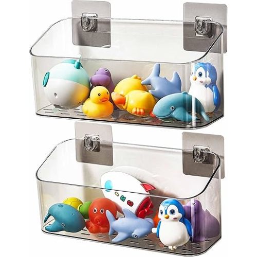 Bath Toy Storage Organizer, Bathtub Toy Storage Holder, Large Capacity Wall Mounted Shower Caddy Shower Organizer, No Drill Shelves Basket, Clear Black, 2 Pack