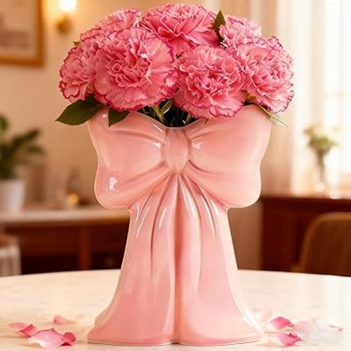 Disoza Bow Vase Ceramic Pink Vase Cute Decorative Home Decor Minimalist Farmhouse Modern VaseFlowers Tulip Pampas Grass for Table Bathroom Shelf Centerpieces